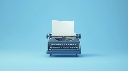 Blue vintage typewriter with paper on solid blue background
