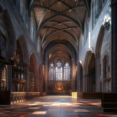 Interior of grand church hall with stained glass