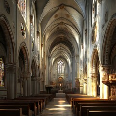Obraz premium Grand Cathedral Interior with Sunlight Streaks