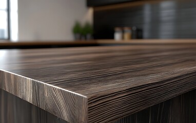 Empty wooden table top with a blurred kitchen interior background for product display montage, at a 3/4 angle, high-resolution photography, insanely 