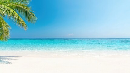 Tropical beach, palm tree, turquoise ocean, sunny day, travel poster