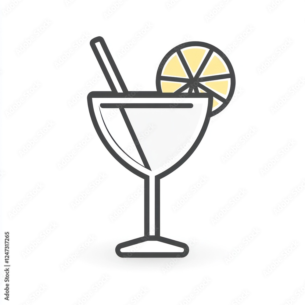 Poster refreshing summer drink icon with lemon slice and straw on a white background