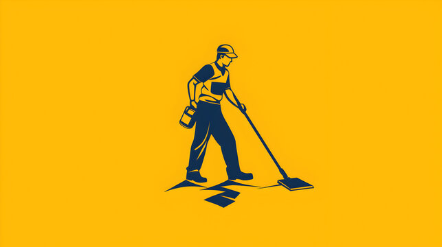 Professional Cleaning Worker in Yellow and Blue Uniform: A Symbol of Maintenance, Hygiene, and Diligent Service in the Commercial Industry, Ensuring Cleanliness and Efficiency