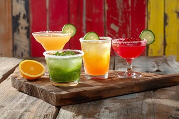 Fototapeta premium trendy set of cocktails in rustic glassware against a bright, rustic wooden background includes a sunset orange tequila sunrise, a vibrant green cucumber cooler, and a ruby red pomegranate martini