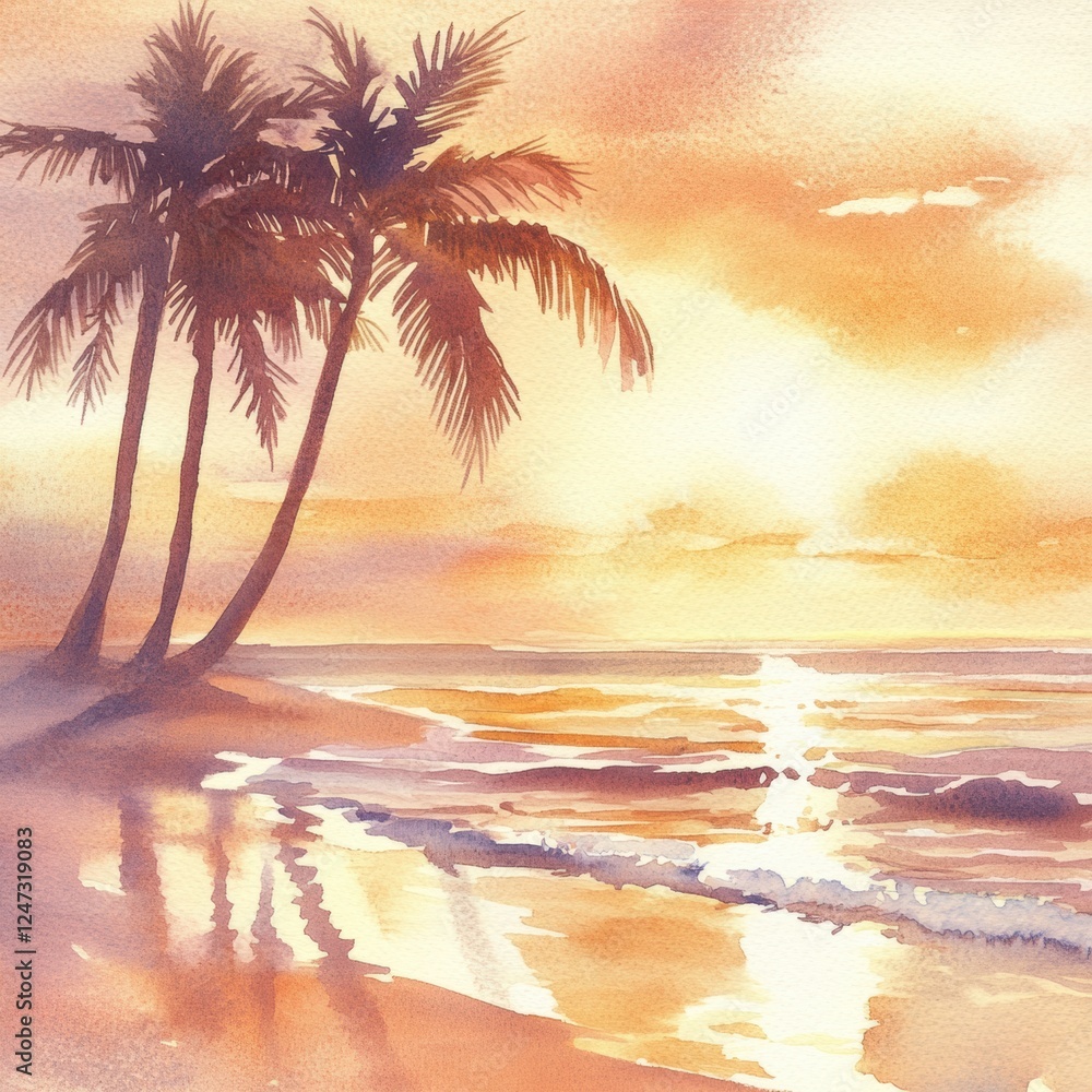 Aufkleber Beautiful watercolor illustration of sunset on a beach with palm trees reflecting in calm waters. Generative AI
