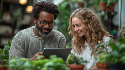 Smiling Colleagues Collaborating in a Modern, Plant-Filled Workspace