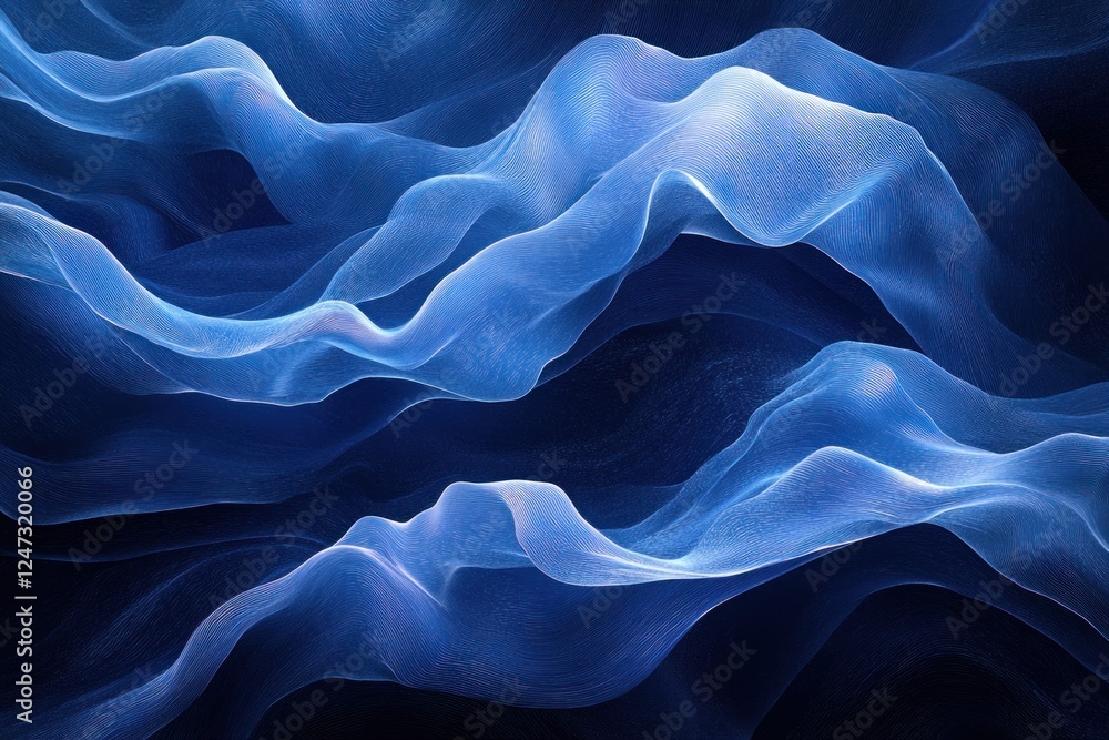 Poster intricate blue wave lines flow gracefully across a dark backdrop, showcasing smooth gradients that e