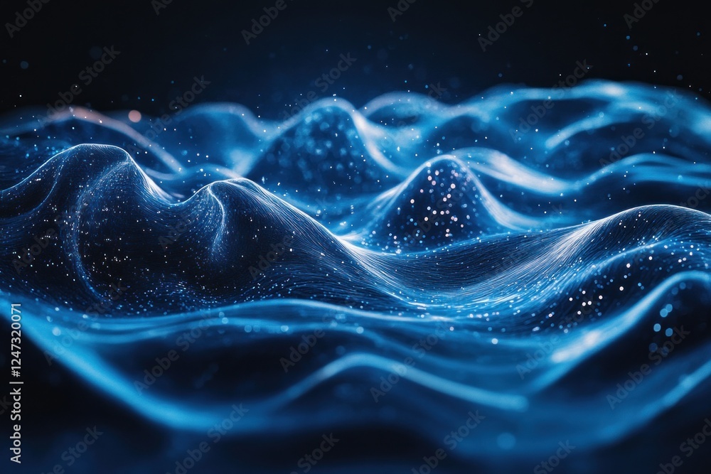 Poster blue wave lines flow gracefully on a dark backdrop, creating a mesmerizing visual effect that sugges