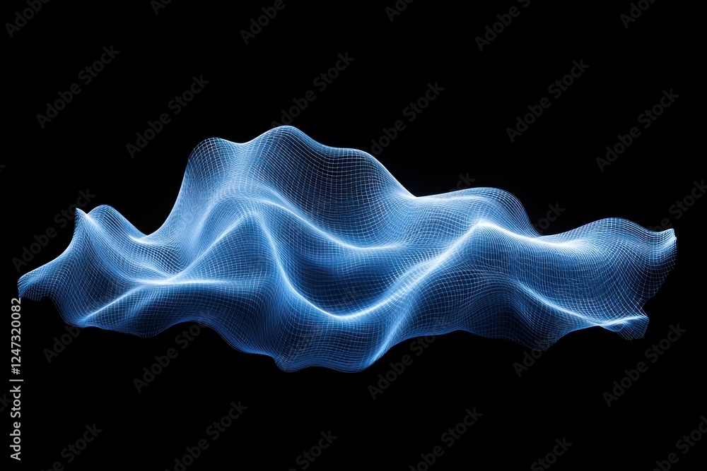 Poster blue wave lines flow across a dark background, representing motion and energy in an abstract form th