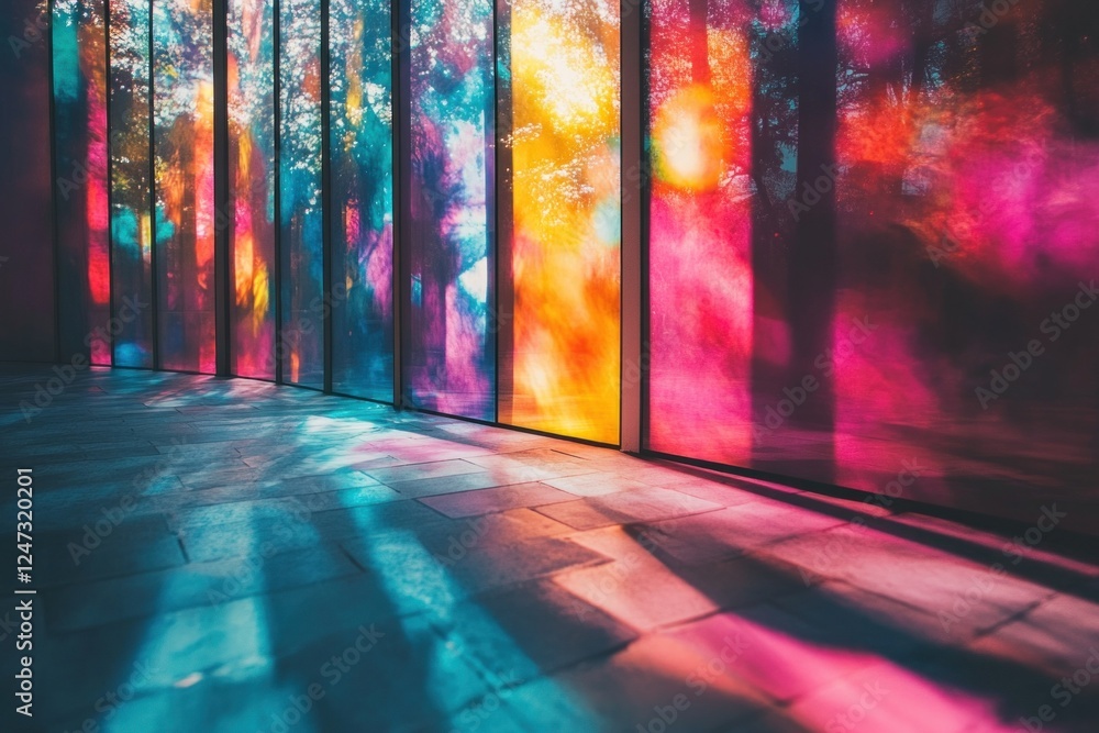 Poster colorful light patterns create a vibrant display on a glass wall, casting beautiful reflections in a