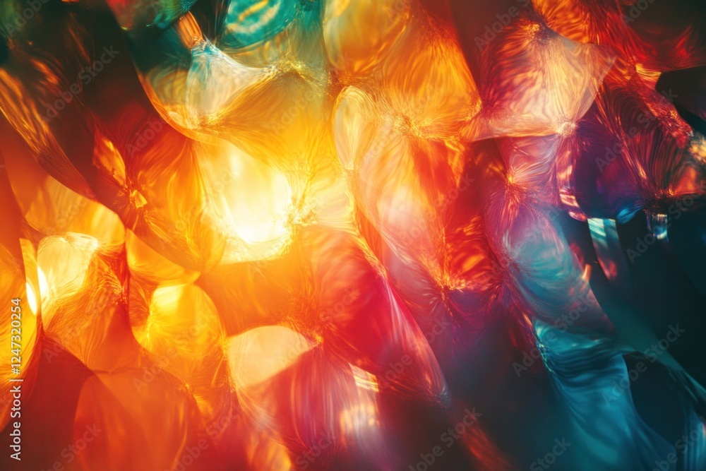 Poster swirling patterns of colorful light create an abstract display, illuminating textures and reflecting