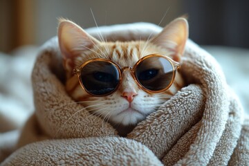 A cat wrapped in a soft blanket wears sunglasses, enjoying a peaceful moment in a calming spa environment, radiating charm and comfort