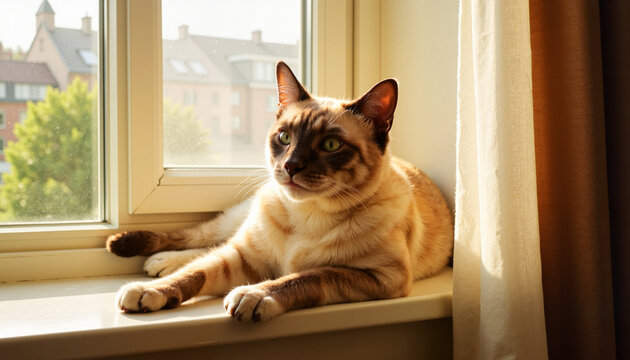 Siamese cat lounging in sunlight on windowsill, warmth and comfort - Powered by Adobe