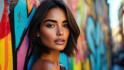 Fototapeta premium Stylish Close-up Woman Posing against Urban Street Art Mural. Beautiful Brunette Model Fashion / Lifestyle Background with Copy space.