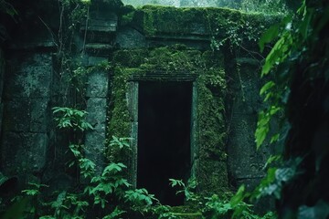 Dark entrance of a lost jungle temple, covered in moss and creeping vines.