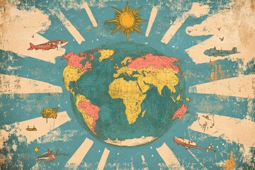 Naklejka premium Retro style illustration of the earth with flying vehicles
