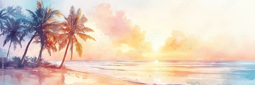Aufkleber beautiful watercolor illustration of a tropical beach at sunset with palm trees and serene ocean wav