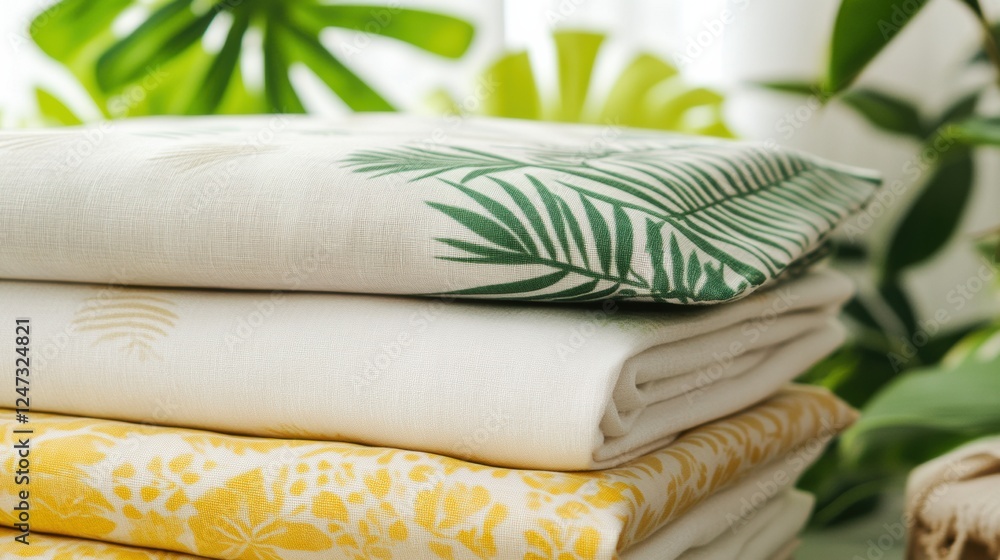 Poster bright and airy summer textiles with tropical patterns stacked in a sunny indoor space. generative a