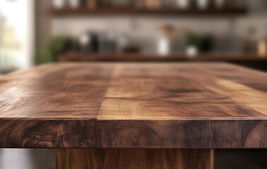 Empty wooden table top with a blurred kitchen interior background for product display montage, kitchen countertop mockup, space for text or logo, home and cooking concept