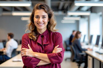 Confident Businesswoman Smiling in Modern Office Environment