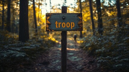 A weathered wooden sign with the word "troop" stands in the foreground of a dense, autumn forest, bathed in golden sunlight, conveying a sense of adventure and nature exploration.