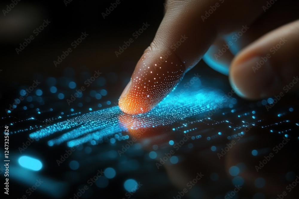 Aufkleber two fingers delicately touch a luminous digital interface filled with floating, glowing dots, creati