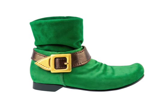 Unique green boot with a stylish belt design, cut out