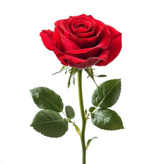 A single, vibrant red rose stands tall, its velvety petals unfurling against a stark white background, accented by lush green leaves.