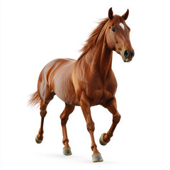 Fototapeta premium A chestnut horse with a white blaze running towards the viewer on a plain background.
