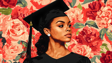 Celebrating Achievement: A Confident Young Woman in Graduation Cap and Gown Amidst Colorful Flowers, Portrait of Elegance, Pride, and Success at Graduation Ceremony, Embracing Her Educational Journey