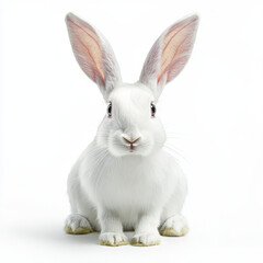 Obraz premium A fluffy white rabbit sits upright against a clean white backdrop, its long ears perked attentively forward.