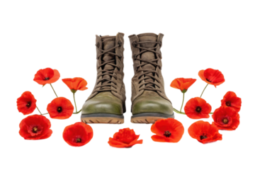 Combat boots surrounded by red poppies, cut out