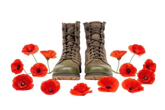 Combat boots surrounded by red poppies, cut out