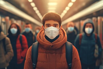 Crowded transportation hub showing multiple individuals in medical masks, highlighting a moment of chaos and health safety awareness