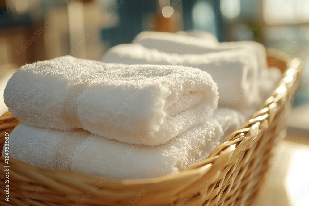Poster close-up of a neatly arranged basket containing fluffy white towels, creating a serene and inviting 