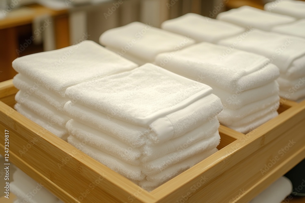 Poster close-up view of a well-structured basket containing several neatly folded white towels arranged per