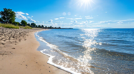 Fototapeta premium A beach with a clear blue ocean and a bright sun shining on the water. generated using AI