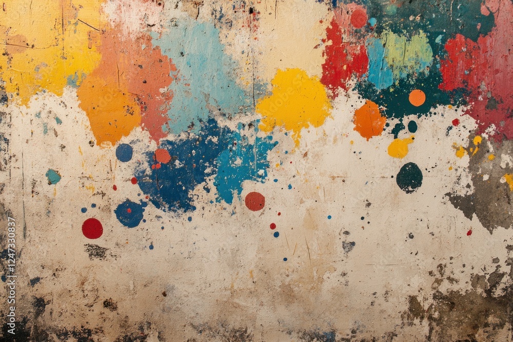 Poster textured backdrop showcases an array of colorful paint splatters on a distressed and worn surface, p