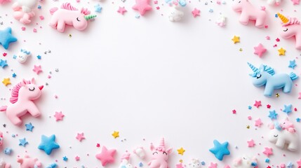 A playful arrangement of unicorn figurines and colorful stars on a white background.