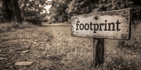 A Rustic Wooden Signpost With the Word "Footprint" Set Against a Serene Forest Pathway, Inviting Exploration and Reflection on Nature's Beauty