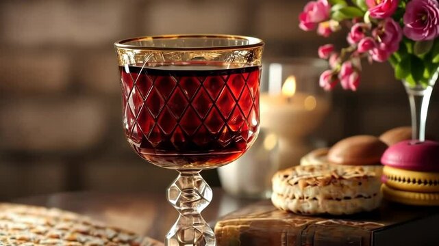 Happy Passover. Crystal glass of red wine with matsah and flowers in candlelit setting. Passover holiday table with wine and matzah for cultural celebration. Jewish holiday.