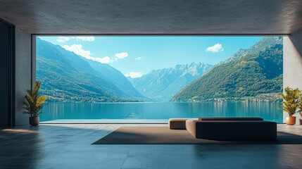 Bright daylight pours into a contemporary living area, revealing a breathtaking lakeside view framed by towering mountains. Lush greenery adds a touch of nature to the serene ambiance