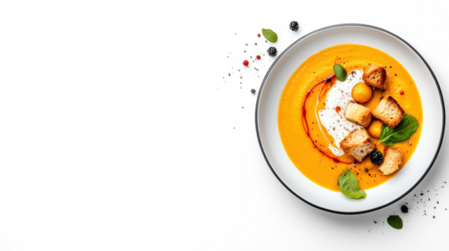 Creamy Pumpkin Soup with Garnish on Transparent Background