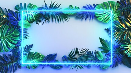 A rectangular neon-lit design of tropical leaves with blue and green lights on a solid white background.