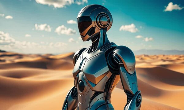 A lone, sleek robot surveys the expansive sandy desert, its metallic exterior glistening in the warm sunlight. The tranquil setting enhances its solitude as clouds drift lazily above