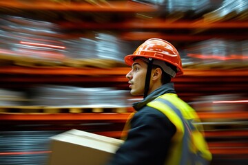 A worker in a warehouse swiftly carries a box, wearing a hard hat and high visibility vest amidst busy storage shelves