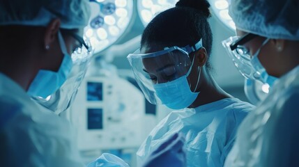 Surgeons in a well lit operating room focusing on a complex procedure. They wear protective gear, including masks and face shields, highlighting the precision and teamwork in medical science