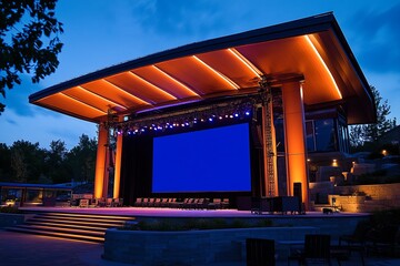 A professional outdoor concert stage setup featuring advanced rigging, dazzling beam lights for dynamic effects, a sophisticated sound system, and a blue blank screen mockup for projections.

