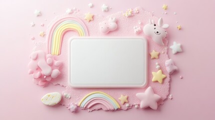 A playful arrangement of pastel toys and shapes on a pink background, framed for a message.