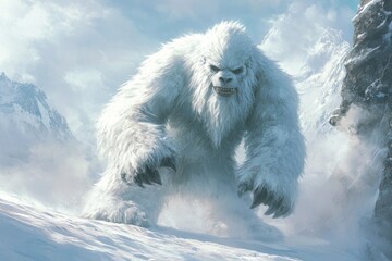 A large, fearsome yeti stands prominently in a snowy environment, surrounded by towering mountains and a hazy sky, creating an eerie atmosphere